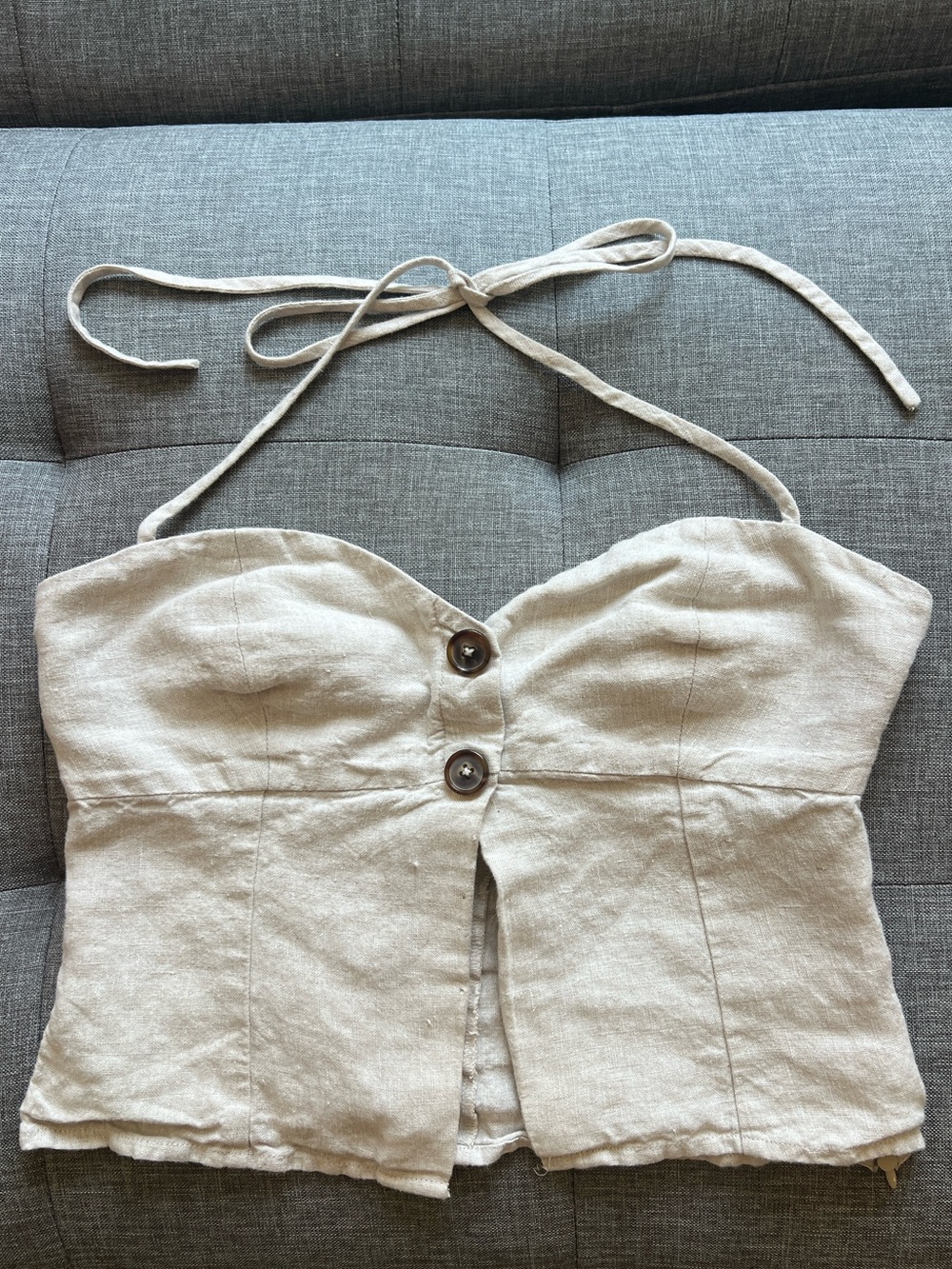Reformation Cream Linen Halterneck Bustier Top with Button Front